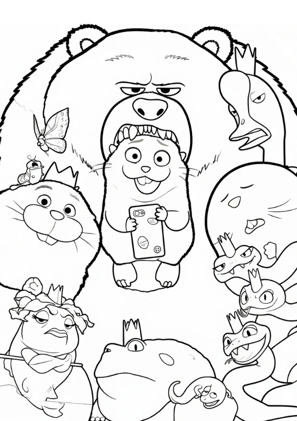 Ellen, Mabel, and forest friends group coloring page