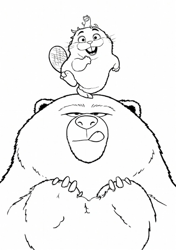 Ellen the bear with Mabel Tanaka and Tom Lizard on her head coloring page