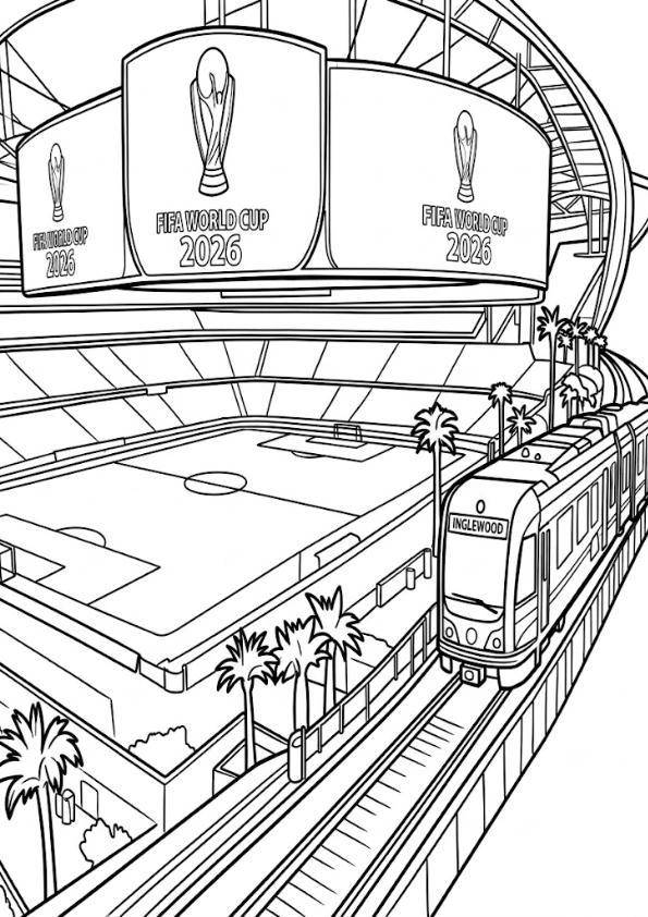FIFA World Cup 2026 stadium and train coloring page