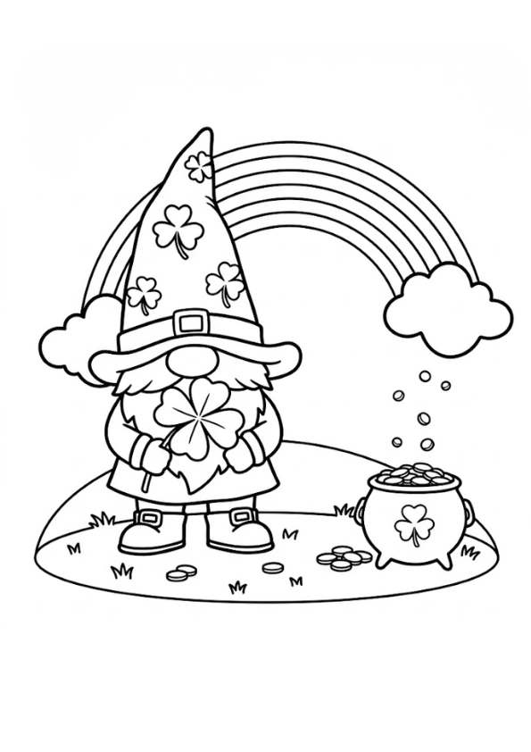 Festive gnome holding a clover next to a small pot of gold and rainbow