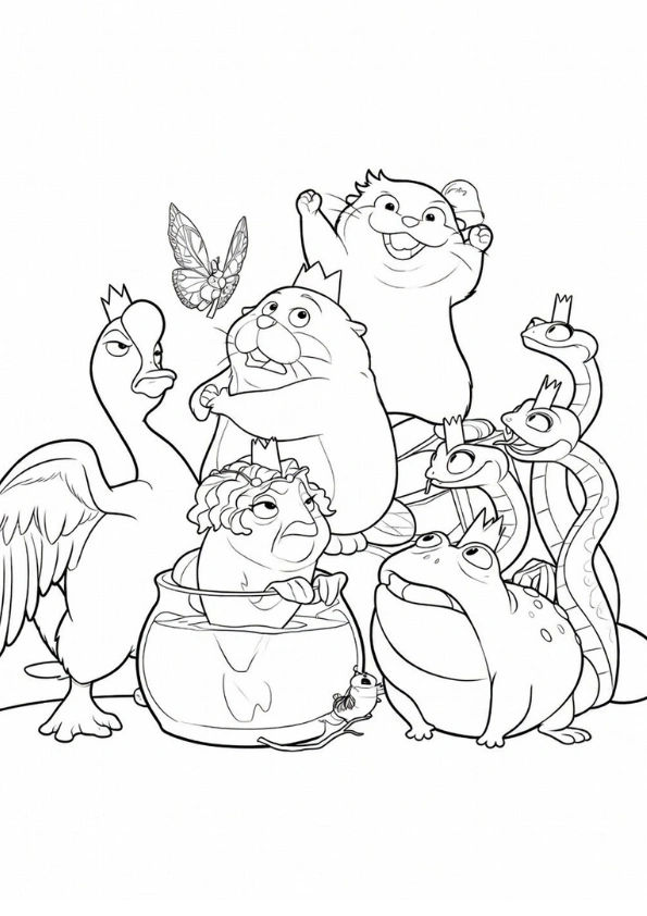 Forest royalty and animal leaders gathering coloring page