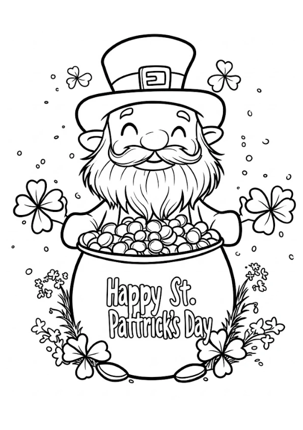 Friendly leprechaun sitting inside a pot of gold coloring page