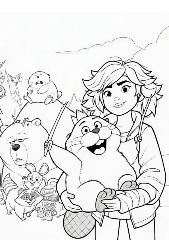 Human Mabel Tanaka holding her beaver robot counterpart coloring page