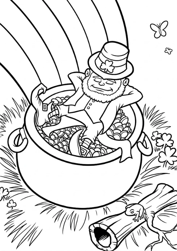 Humorous coloring page of a leprechaun relaxing inside a pot of gold coins