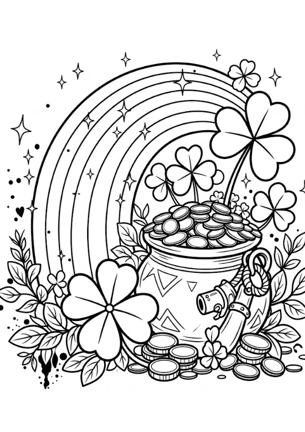 Intricate coloring page of a pot of gold surrounded by large flowers and a rainbow