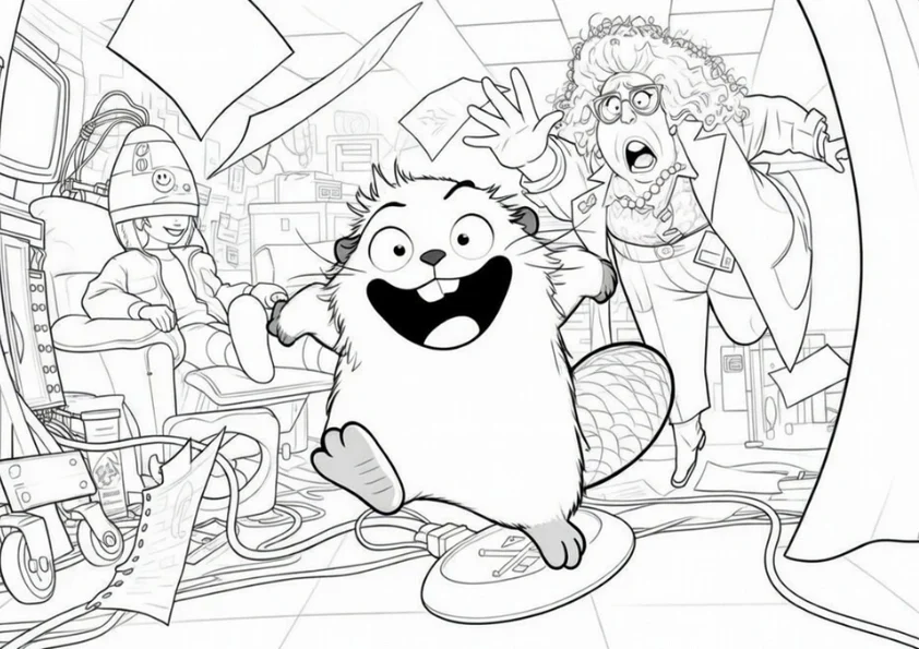 Lab chaos with Mabel the beaver and Dr Nisha coloring page