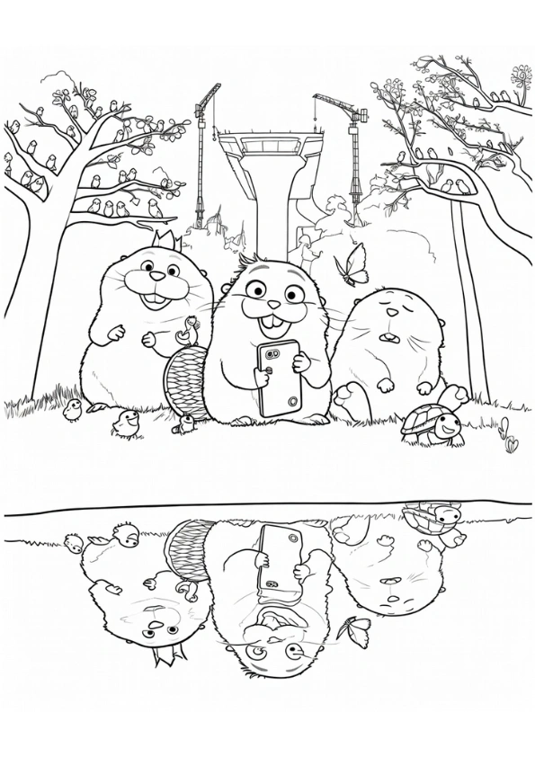 Mabel, King George, and Loaf near water coloring page