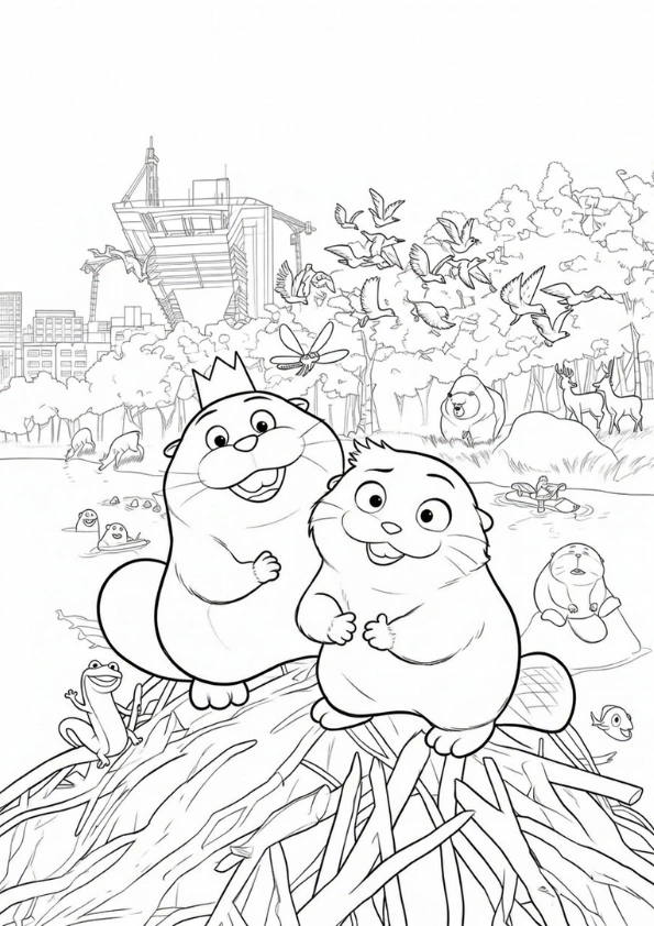 Mabel and Loaf building a beaver dam coloring page