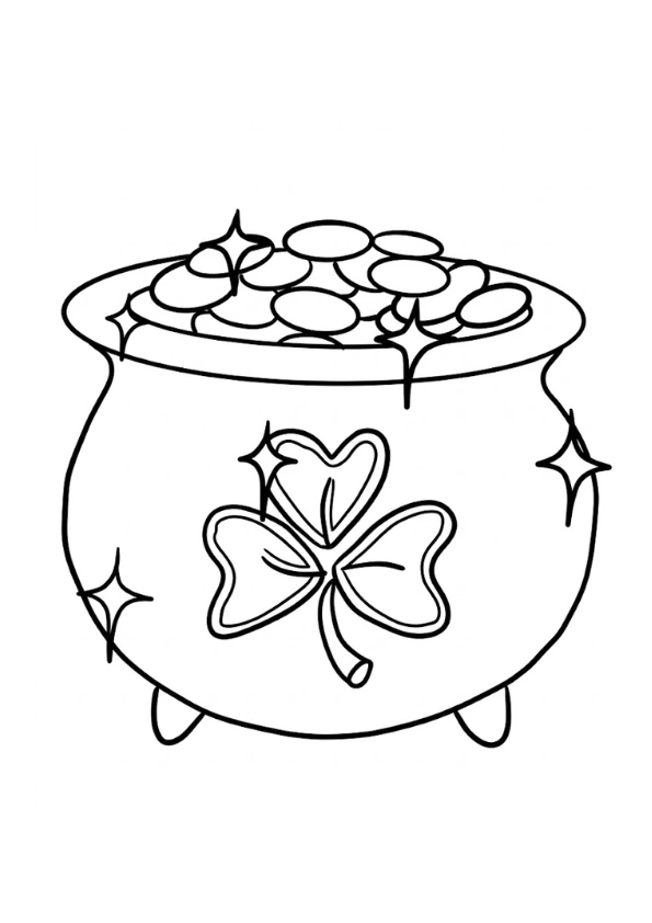 Simple coloring page of a pot of gold with a large shamrock on the front