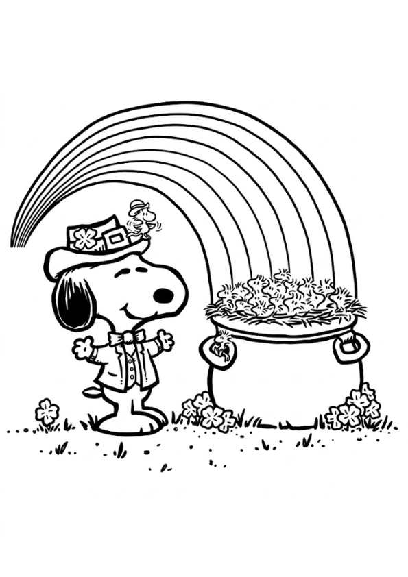 Snoopy style Leprechaun next to a pot of gold and rainbow