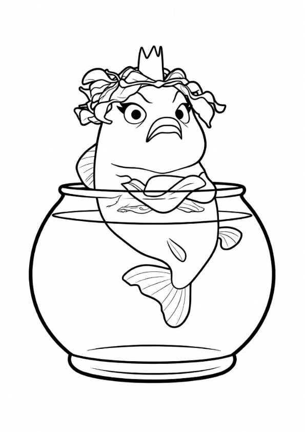 The Fish Queen inside her fishbowl coloring page