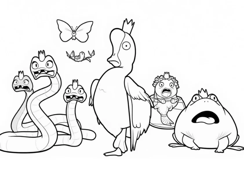 Vertical totem of forest royalty characters coloring page