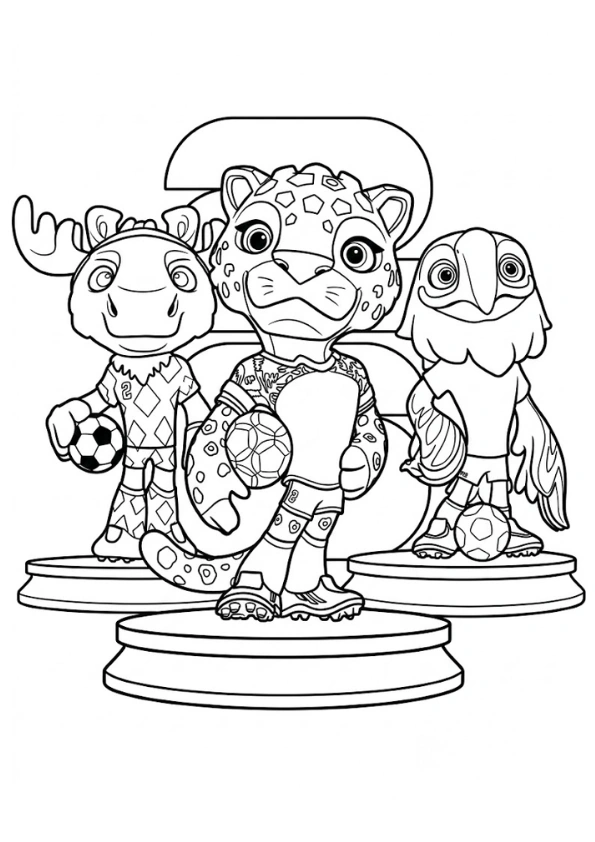 World Cup 2026 mascots on winner podium coloring page